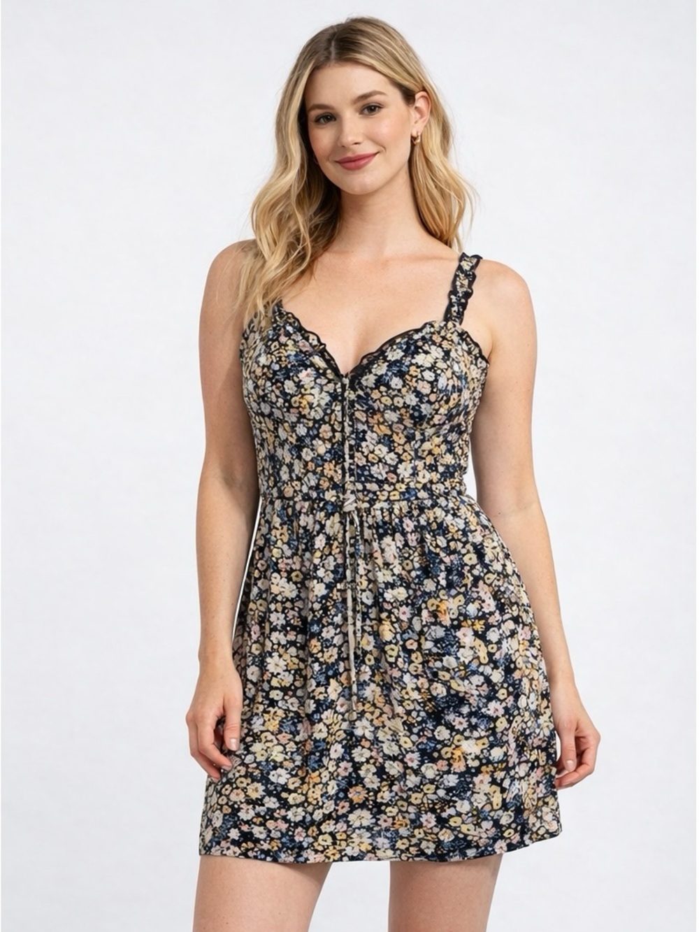 As U Wish Juniors Floral Smocked Mini Dress Size M NWT Ruffle Strap Fit & Flare